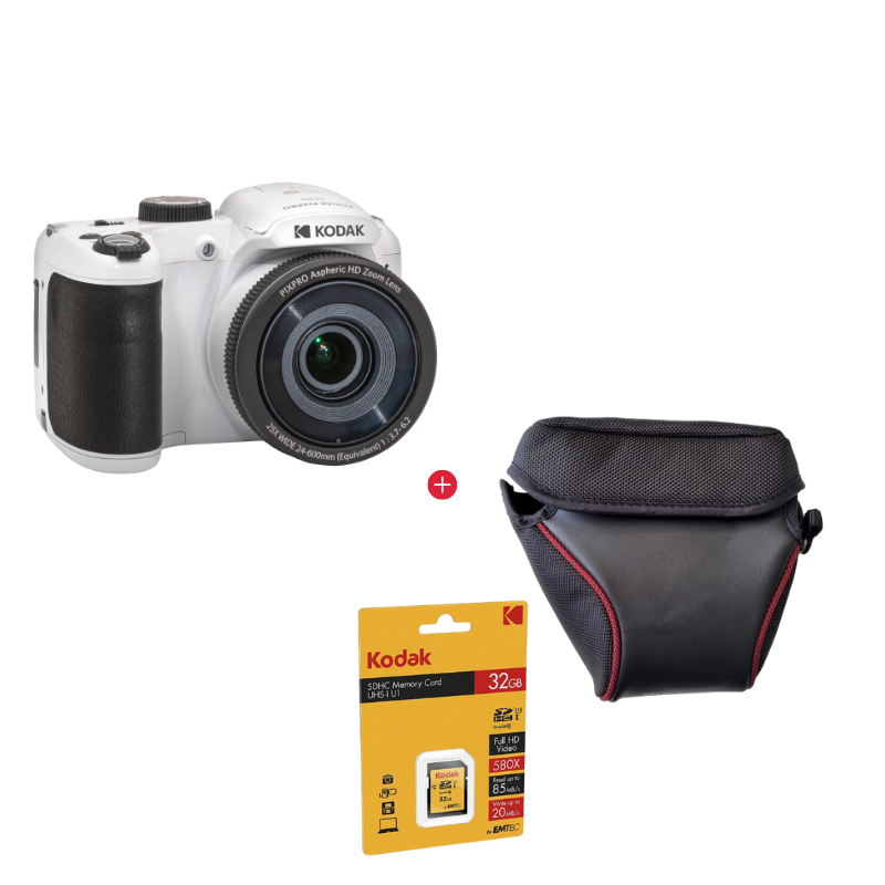 Kodak AZ255 White Bridge Camera Pack: 25x Optical Zoom + Case + 32GB SD Card