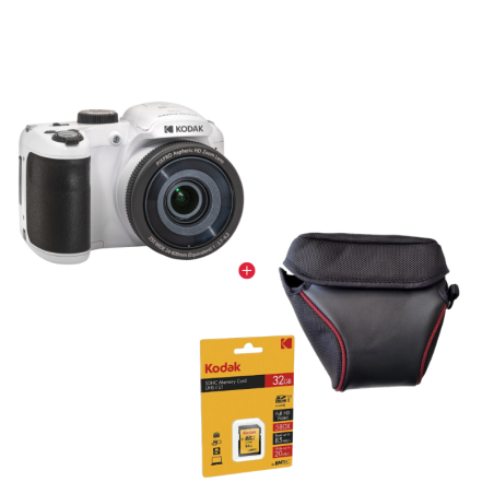 Kodak AZ255 White Bridge Camera Pack: 25x Optical Zoom + Case + 32GB SD Card