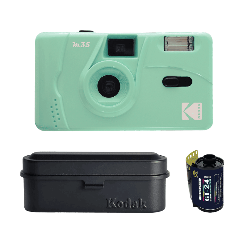 Pack Cámara Analógica Reutilizable Kodak M35 Verde Menta + Carrete 24 Exposiciones + Film Case – Kit Analógico